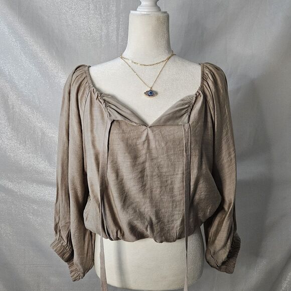 &MERCI NWT Balloon Bubble Sleeve Blouse Sz Large Griege Living It Up Msrp $66 - Picture 1 of 6